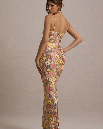 Champagne floral sequin maxi dress with thin straps and straight back neckline, back view