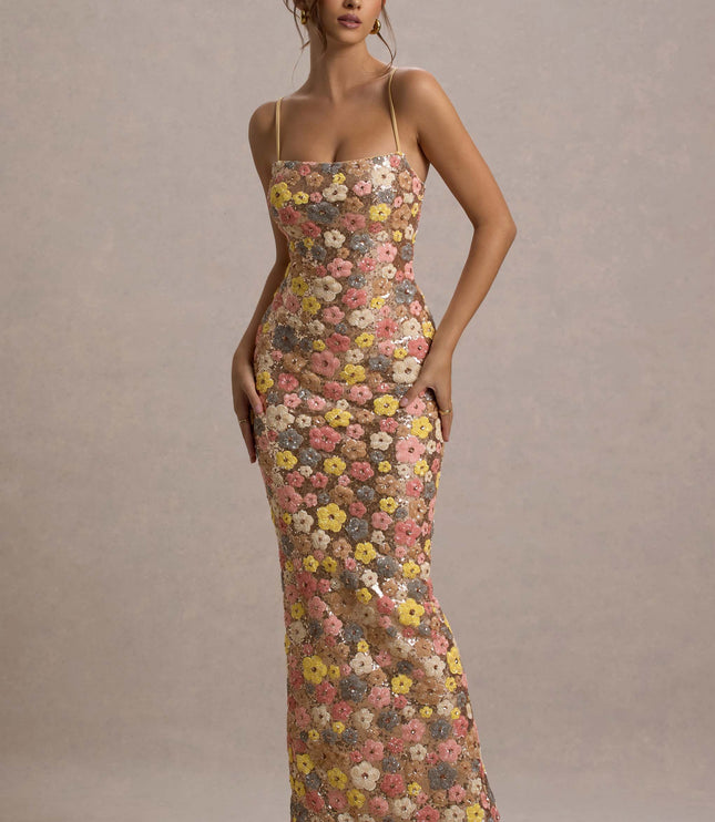 Champagne floral sequin maxi dress with fitted silhouette and thin straps, angled front view