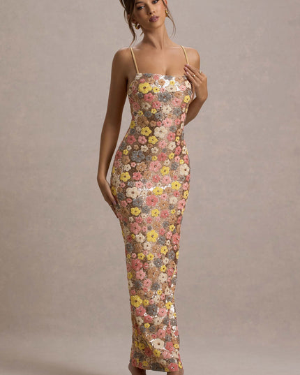 Champagne floral sequin maxi dress with straight neckline and fit, full length front view