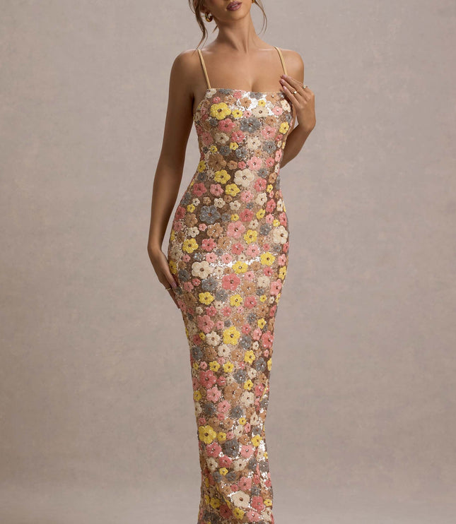 Champagne floral sequin maxi dress with straight neckline and fit, full length front view