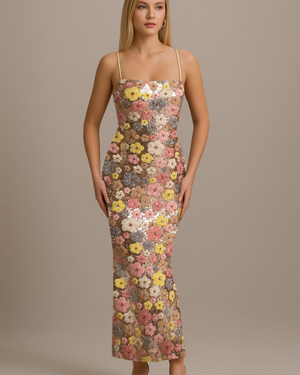 Champagne floral sequin maxi dress with thin straps and straight neckline, studio front view
