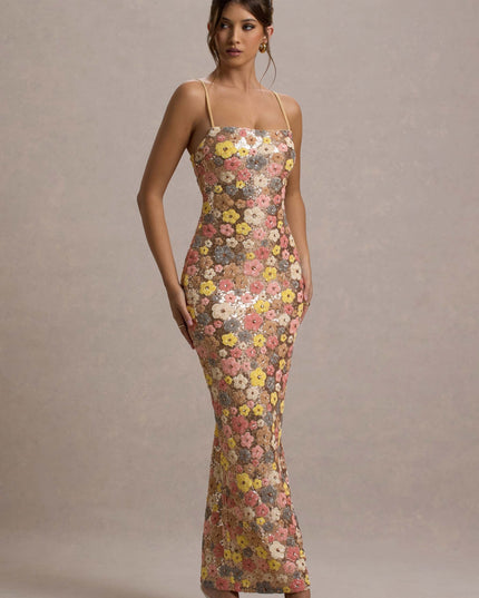 Floral sequin maxi dress in champagne with pink and yellow flowers, straight neckline front view