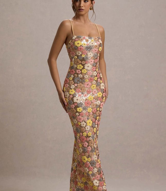 Floral sequin maxi dress in champagne with pink and yellow flowers, straight neckline front view