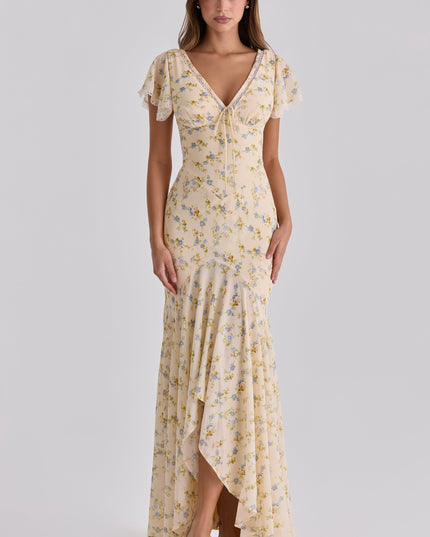 Cream floral lace v-neck maxi dress with flutter sleeves and front slit, full length front view