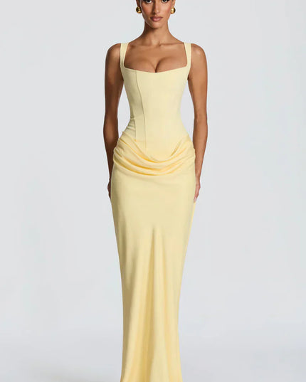 Pale yellow square neck corset maxi dress with fitted bodice and draped skirt, front view