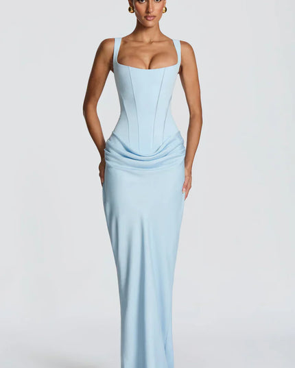 Pale yellow square neck corset maxi dress with fitted waist and draped skirt, front view