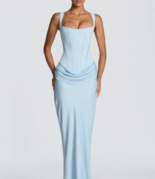 Pale yellow square neck corset maxi dress with fitted waist and draped skirt, front view