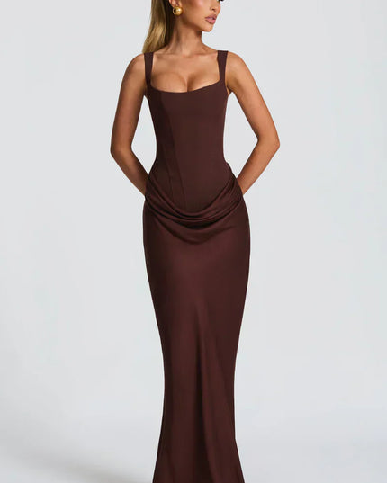 Chocolate brown square neck corset maxi dress styled straight on with straps and draped waist
