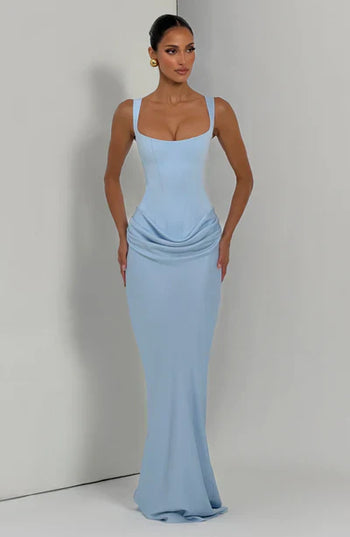 Light blue square neck corset maxi dress with draped waist and fitted silhouette