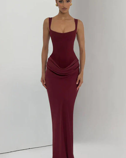 Burgundy square neck corset maxi dress in a full front view with sleek column skirt