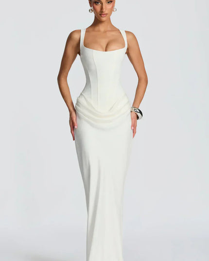 White square neck corset maxi dress with draped waist and fitted long skirt