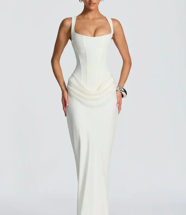 White square neck corset maxi dress with draped waist and fitted long skirt