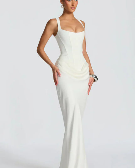 White corset maxi dress shown at a side angle with square neckline and smooth silhouette