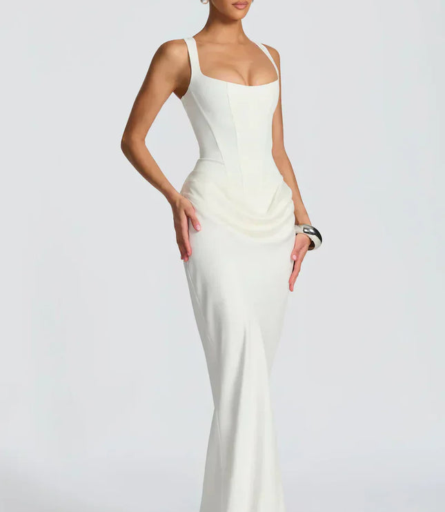 White corset maxi dress shown at a side angle with square neckline and smooth silhouette