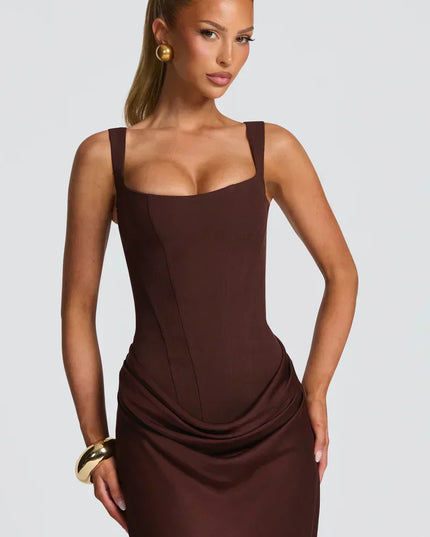Close-up of chocolate brown square neck corset maxi dress showing structured bodice and neckline