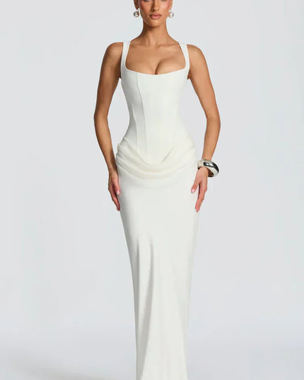 Front view of white square neck corset maxi dress with draped waist and elegant fitted shape