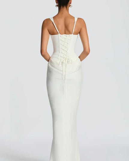 White corset maxi dress back view with lace-up waist and straps