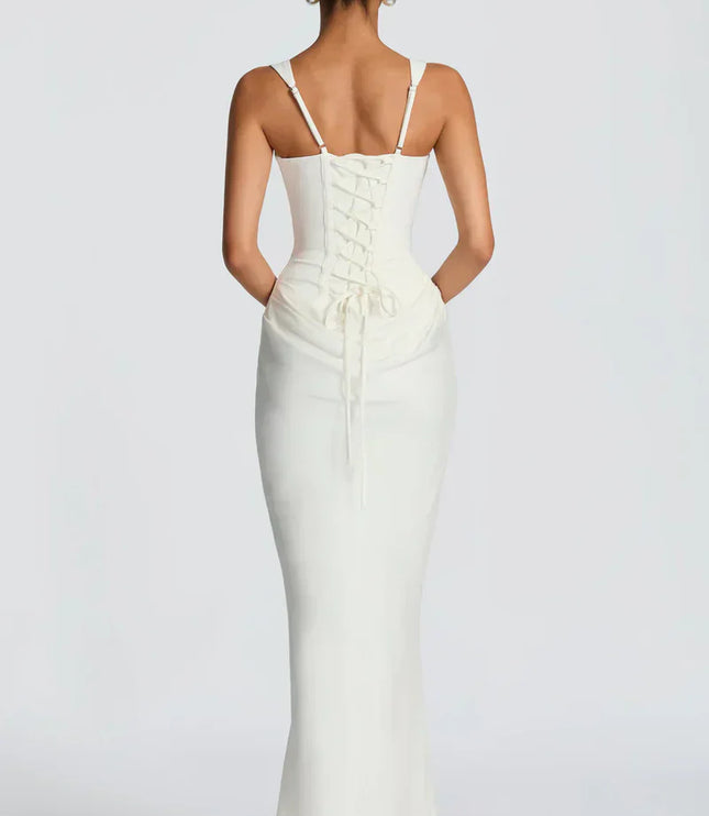 White corset maxi dress back view with lace-up waist and straps