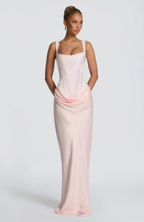 Soft pink square neck corset maxi dress with fitted bodice, front view