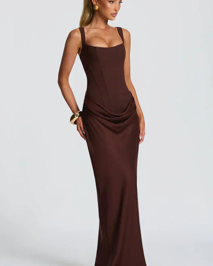 Chocolate brown corset maxi dress with square neckline and ruched drape at the hips front closeup