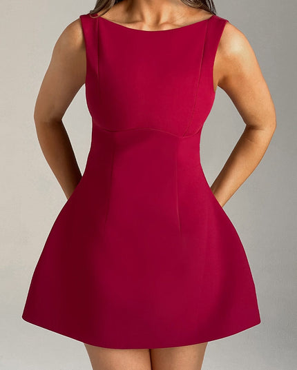 Close-up front view of the red high neck bubble mini dress, highlighting the structured bodice and smooth fabric.