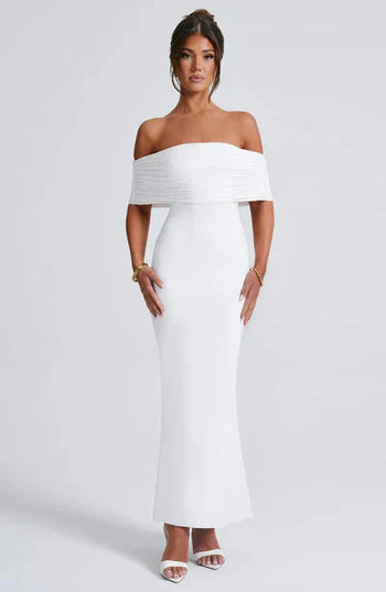 White off-shoulder ruched back maxi dress, a beautiful wedding suit for women or elegant prom dress.