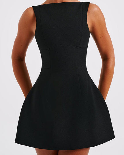 Black sleeveless boat neck bubble mini dress with a fitted bodice and flared skirt, front view.