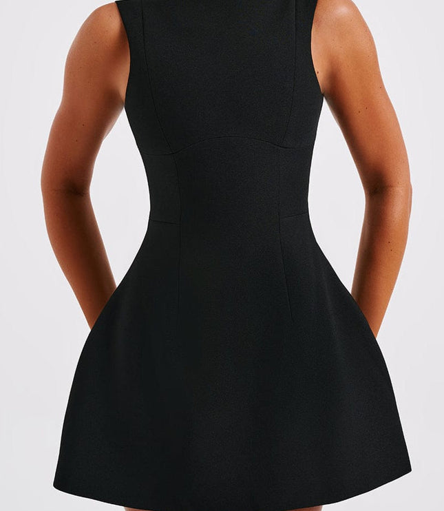 Black sleeveless boat neck bubble mini dress with a fitted bodice and flared skirt, front view.