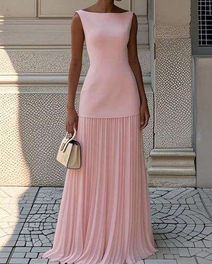 Elegant women's sleeveless boat neck maxi dress in a soft pink, featuring a finely pleated skirt.