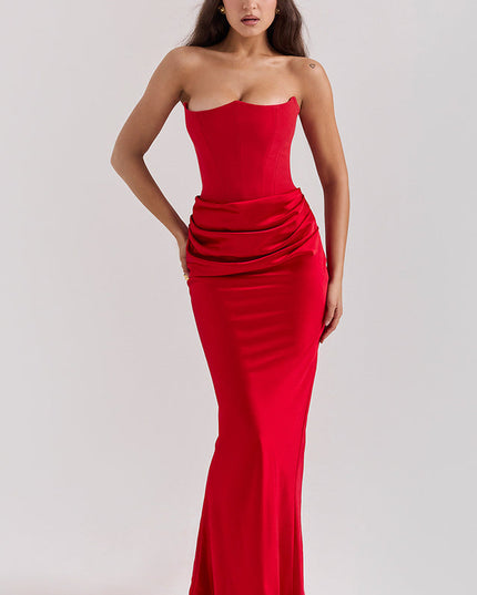 Front view of a red off-shoulder bustier maxi dress, emphasizing the sweetheart neckline and draped waist.