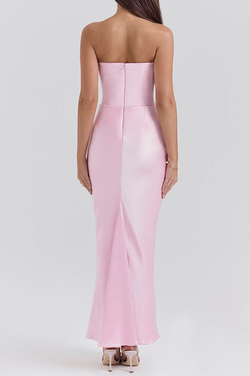 Back view of the women's pink off-shoulder bustier maxi dress, showcasing the smooth fabric and back seam.