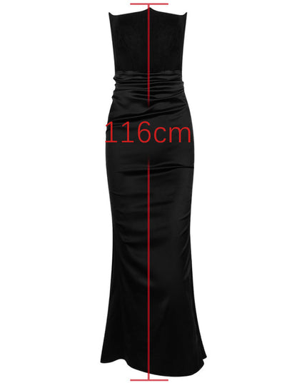 Diagram showing the 116cm length measurement of the black off-shoulder bustier draped maxi dress.