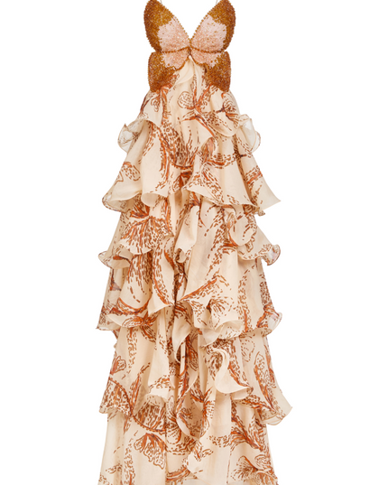 Front view of the women's prom beaded butterfly tiered ruffle maxi dress, laid flat on a white background.