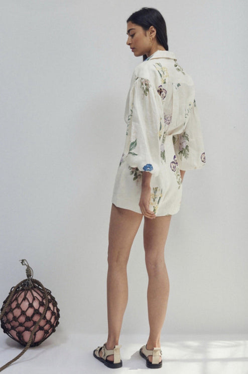 Back view of women's floral balloon sleeve button-down top and matching shorts, showcasing the full design.