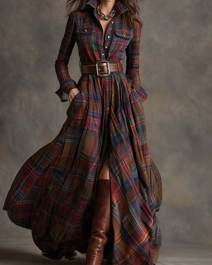 Full view of a women's multi-color plaid long sleeve button down maxi dress with a brown belt, open front slit, and brown boots.