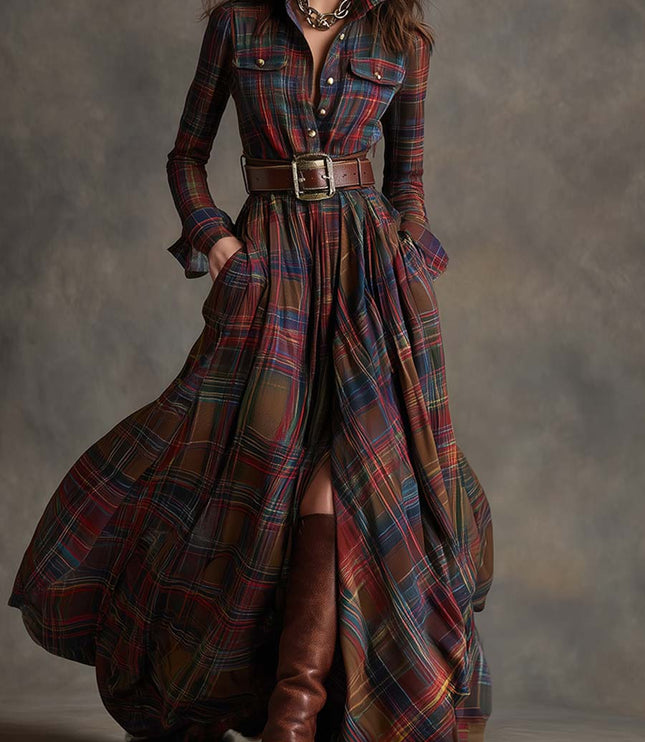 Full view of a women's multi-color plaid long sleeve button down maxi dress with a brown belt, open front slit, and brown boots.