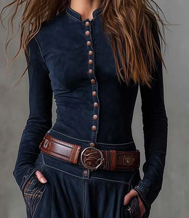 Close-up of the dark blue long sleeve button down dress with a brown leather belt and plaid pocket detail.