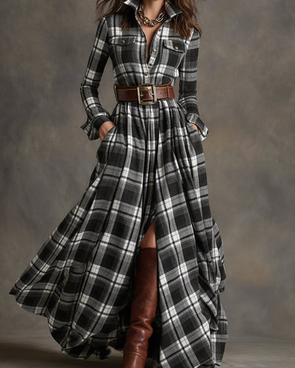 Women's black and white plaid long sleeve button down maxi dress with a brown belt, side pockets, and brown boots.