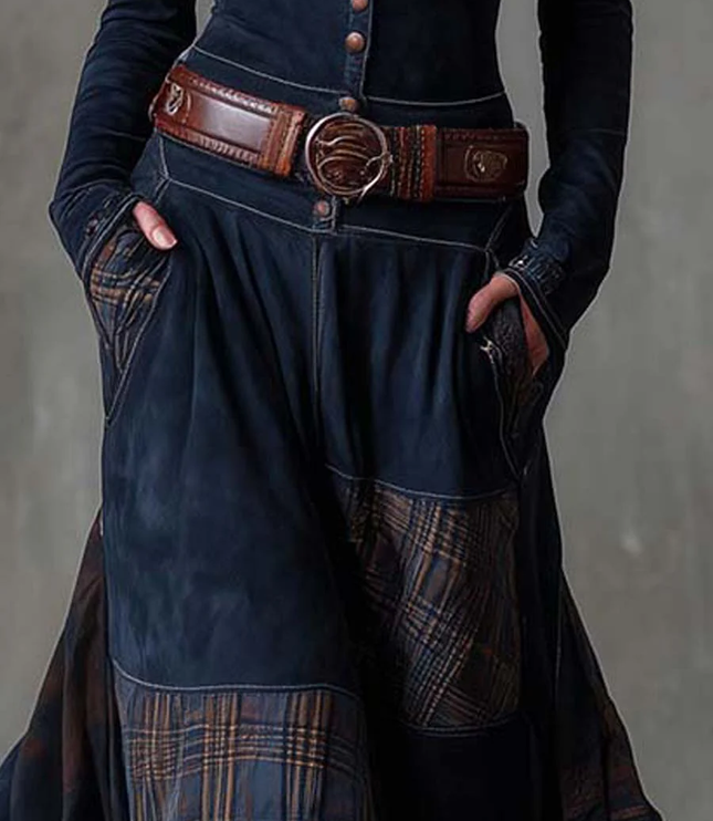 Detailed view of the plaid panel on the dark blue maxi dress, with a brown belt and hands in pockets.