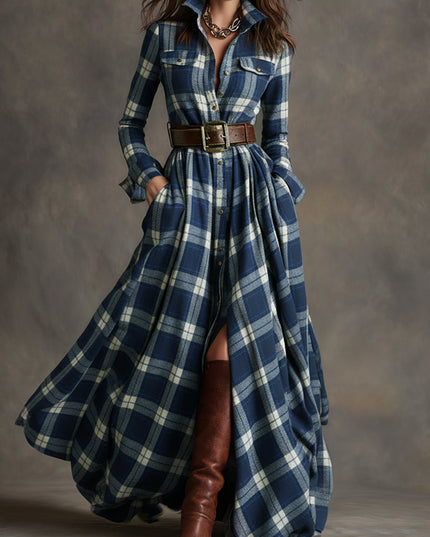 Women's navy blue and white plaid long sleeve button down maxi dress with a brown belt, open front slit, and brown boots.