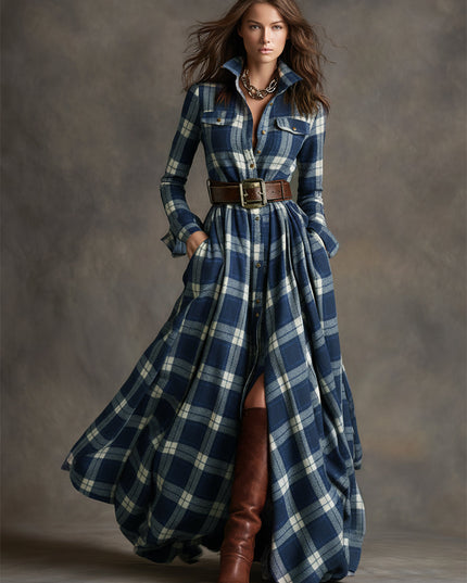 Women's navy blue and white plaid long sleeve button down maxi dress with brown belt and boots.