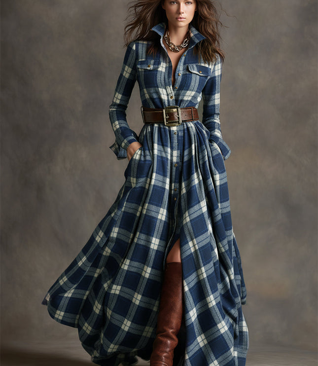 Women's navy blue and white plaid long sleeve button down maxi dress with brown belt and boots.