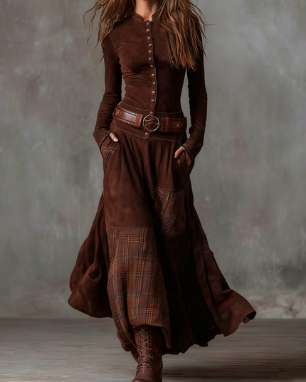 Women's long sleeve button down maxi dress in rich brown, featuring a plaid panel skirt and matching belt.