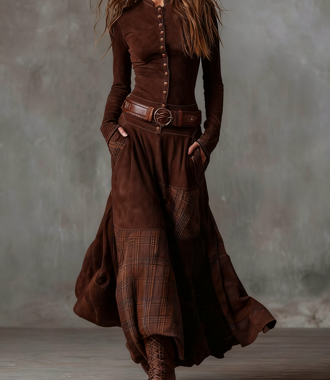 Women's long sleeve button down maxi dress in rich brown, featuring a plaid panel skirt and matching belt.