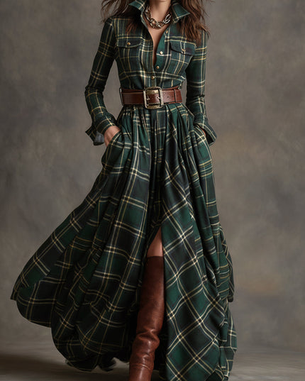 Women's green and yellow plaid long sleeve maxi dress with button down front, brown belt, and side pockets, paired with brown boots.