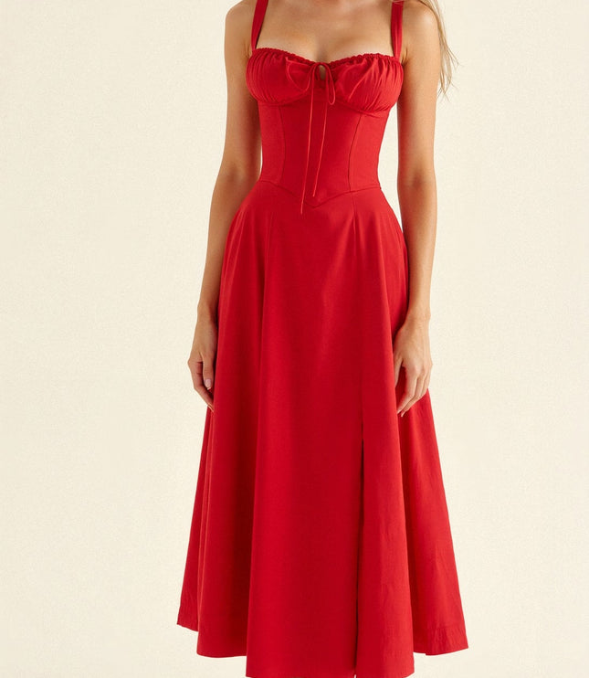Front view of a red summer midi dress with corset bodice, bow front detail, and thin straps.