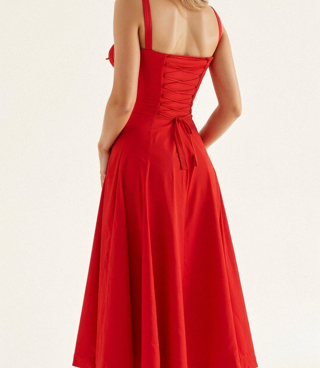 Back view of a red summer midi dress featuring a lace-up corset back and an A-line skirt.
