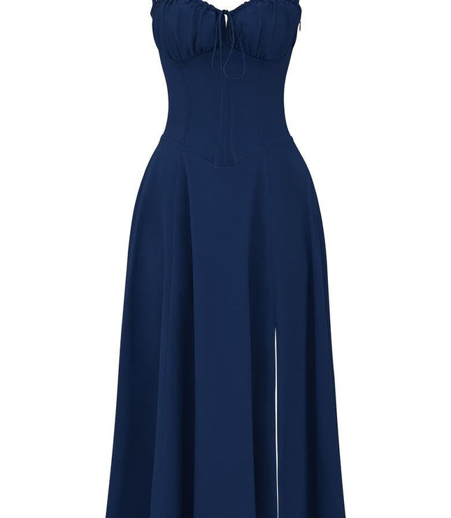 Flat lay of a navy blue corset bow front midi dress, showcasing the solid color and elegant cut.