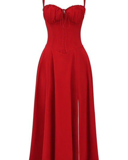 Red summer corset midi dress with bow front, spaghetti straps, and a subtle side slit, for warm weather.