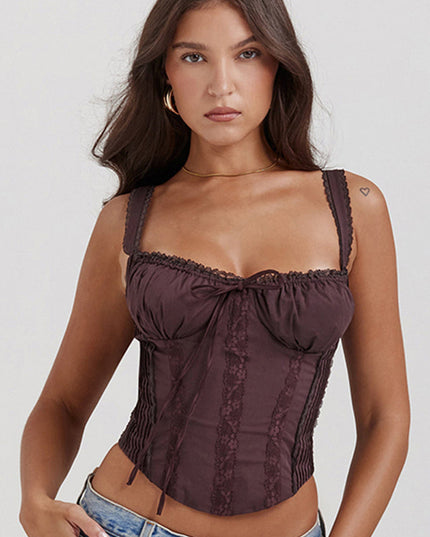 Front view of a dark brown bustier lace-up corset crop top with delicate lace trim on the straps and neckline, featuring a tie-front detail.